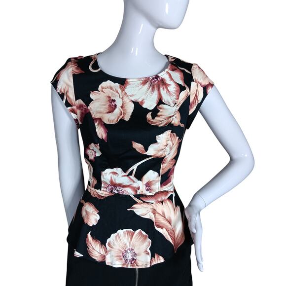 2B Bebe Peplum Blouse Size Small Black With Pink, White and Brown Floral Print - Picture 1 of 12